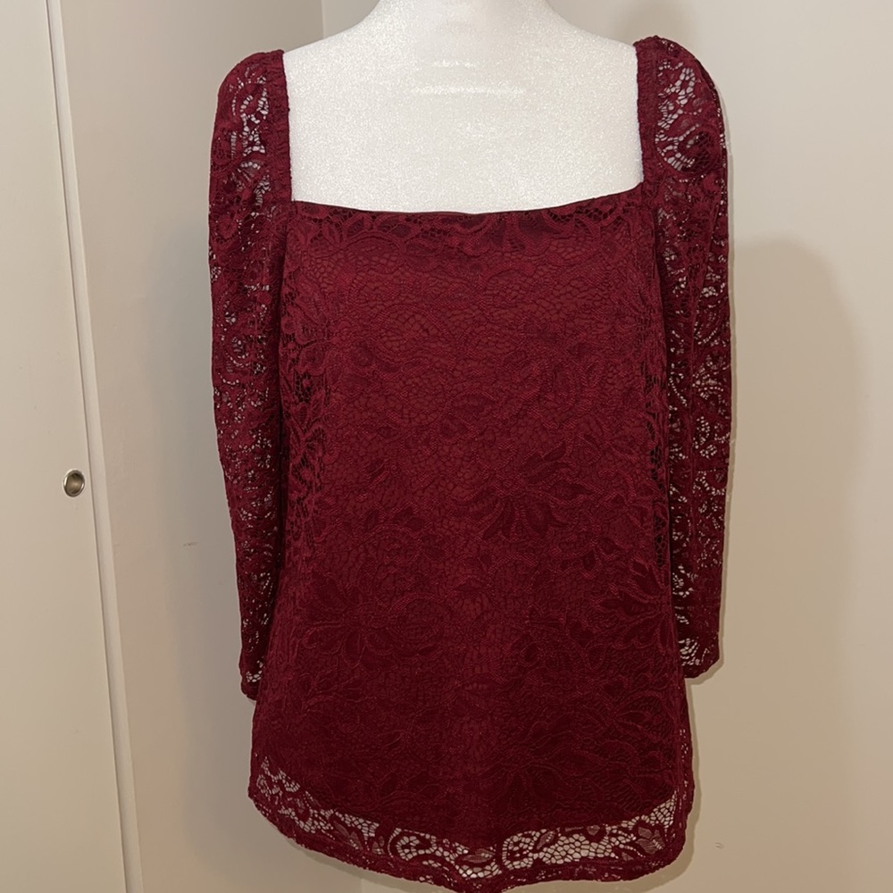 Red Lace Square Neckline Top Size Large